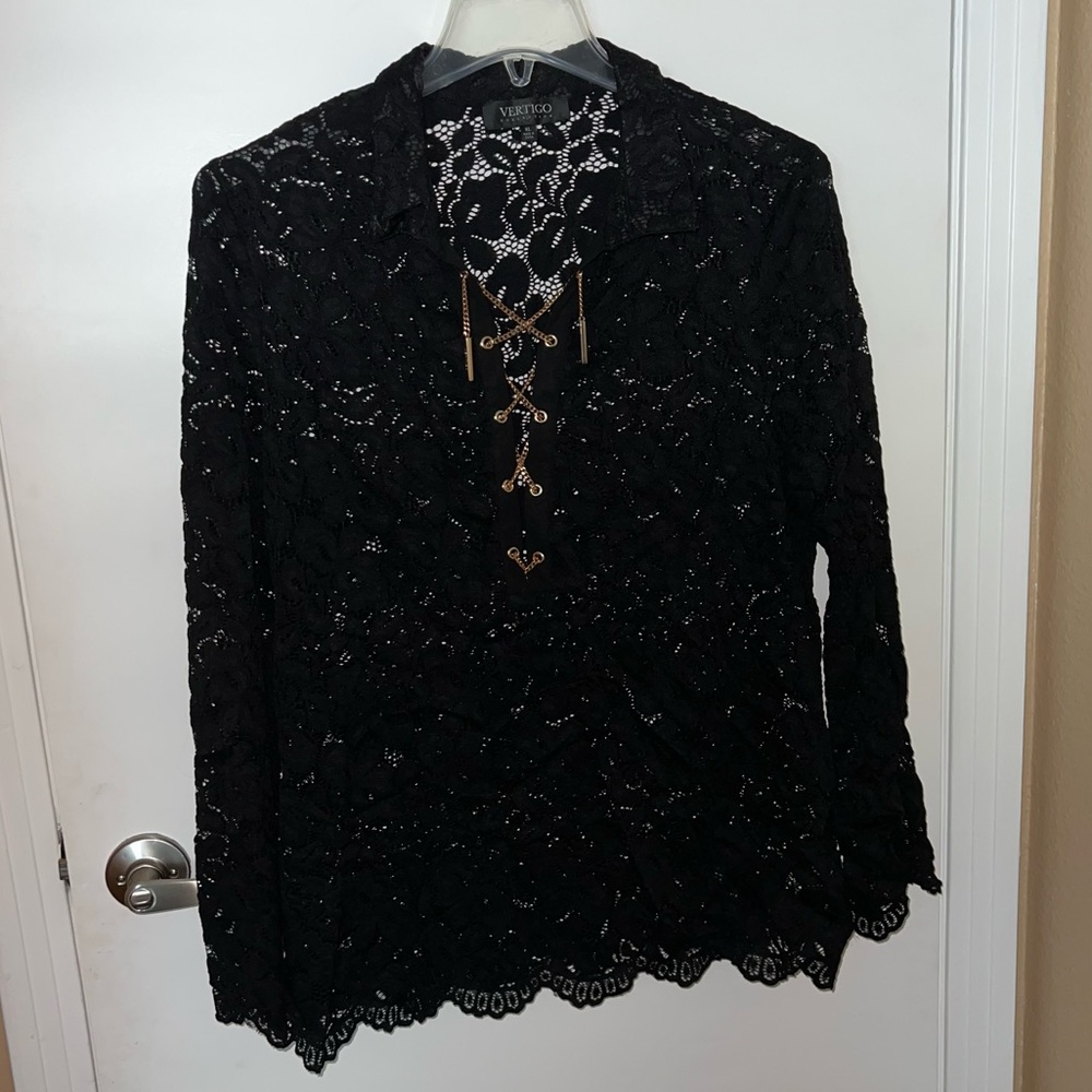 Vertigo Black Lace Blouse With Gold Hardware Lace-Up